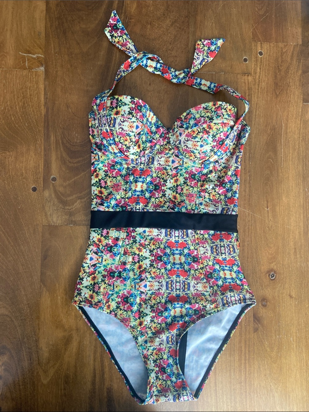 ASOS Multicolor Floral Halter One-Piece Swimsuit with Black Waistband